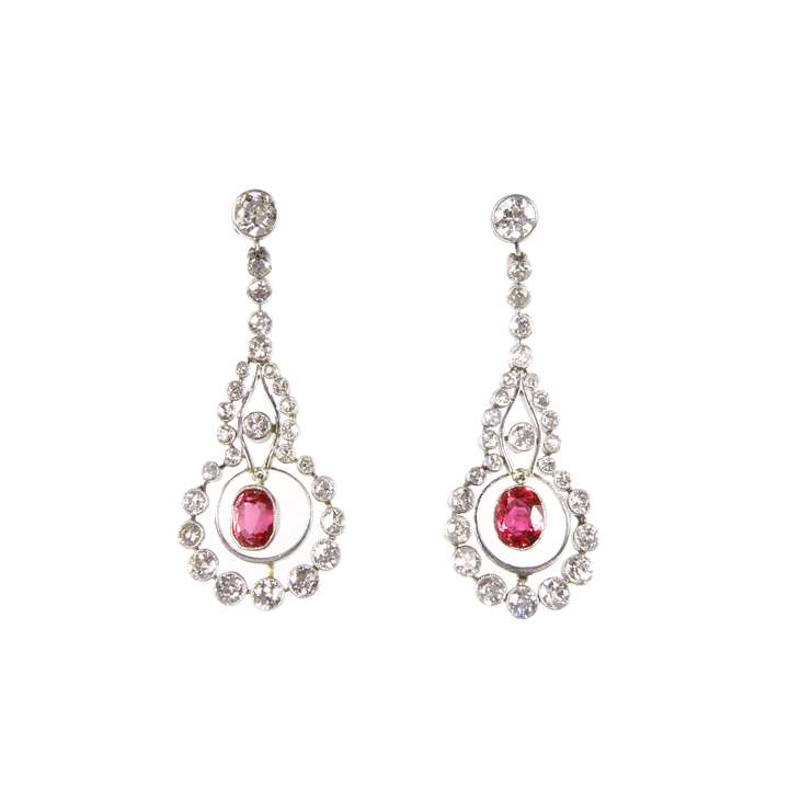 Pair of early 20th century ruby and diamond pendant earrings